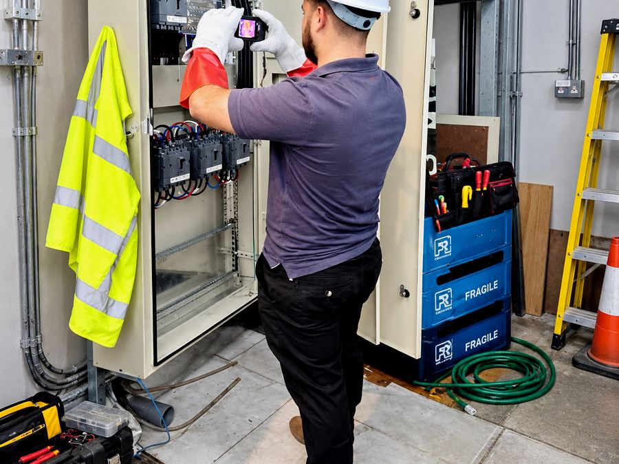 Técnico realizando una inspección termográfica en un tablero energizado